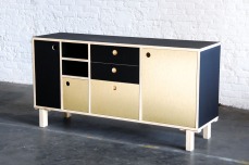 Atelier Antipode office cabinet in plywood with forbo desktop furniture linoleum and gold brushed laminate